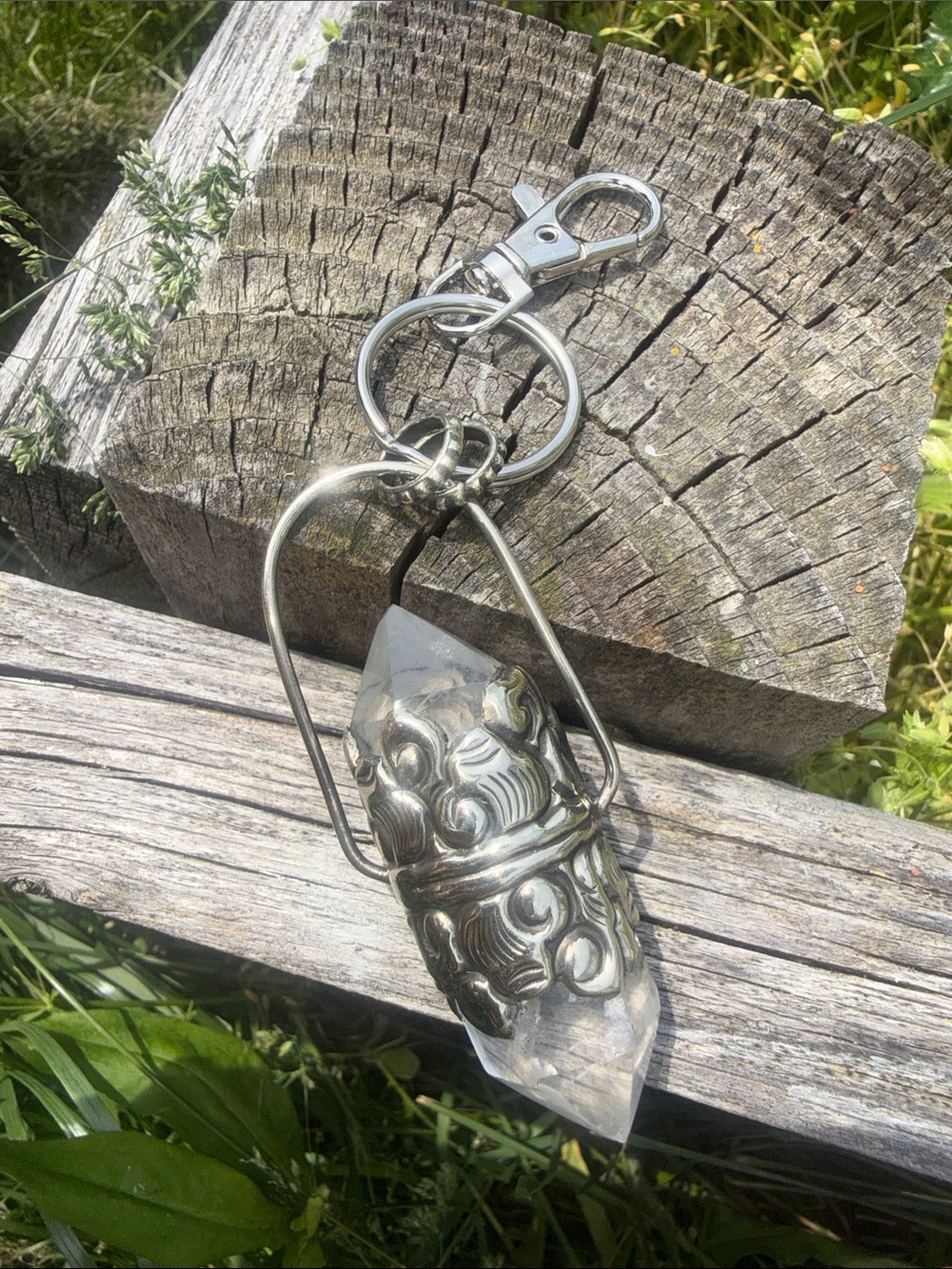 Large Double Terminated Tibetan Quartz Crystal Keychain - Pendant Ornate